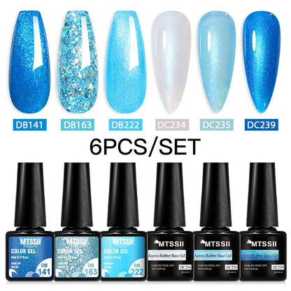 6Pcs/Set Blue Glitter Bright Gel Nail Polish Set Semi Permanent Spring Summer Colors Series Soak Off UV Nail Art Gel Varnish