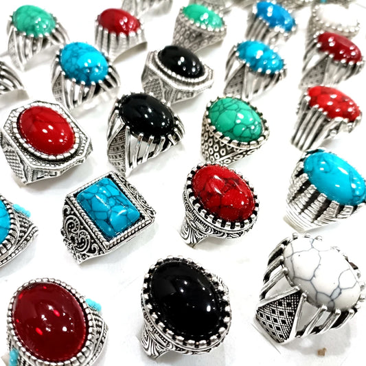 25pcs/lot Big Head Turquoise Stone Ring Vintage Silver Men's Women's Color Mix Stone Ring Female Jewelry Male Wedding Ring