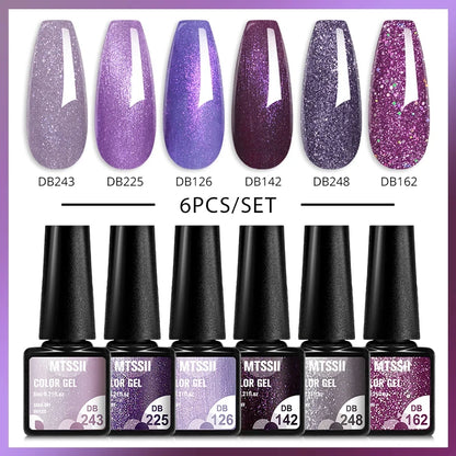 6Pcs/Set Blue Glitter Bright Gel Nail Polish Set Semi Permanent Spring Summer Colors Series Soak Off UV Nail Art Gel Varnish
