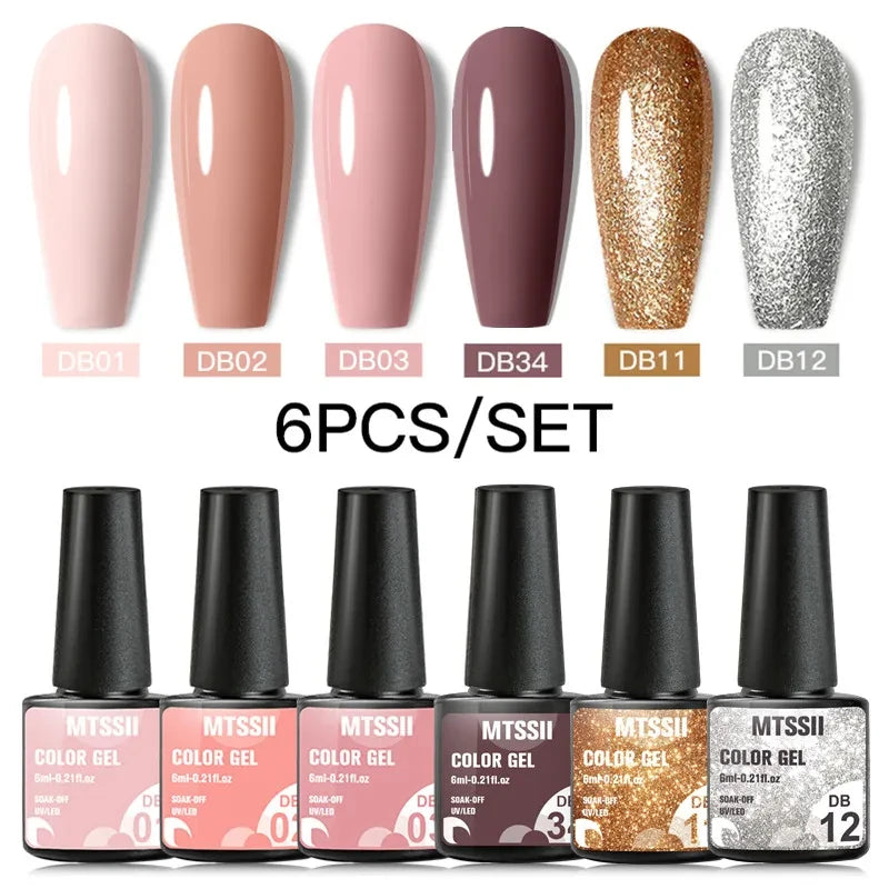 6Pcs/Set Blue Glitter Bright Gel Nail Polish Set Semi Permanent Spring Summer Colors Series Soak Off UV Nail Art Gel Varnish