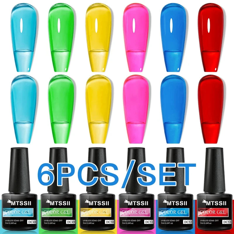 6Pcs/Set Blue Glitter Bright Gel Nail Polish Set Semi Permanent Spring Summer Colors Series Soak Off UV Nail Art Gel Varnish