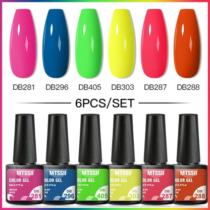 6Pcs/Set Blue Glitter Bright Gel Nail Polish Set Semi Permanent Spring Summer Colors Series Soak Off UV Nail Art Gel Varnish