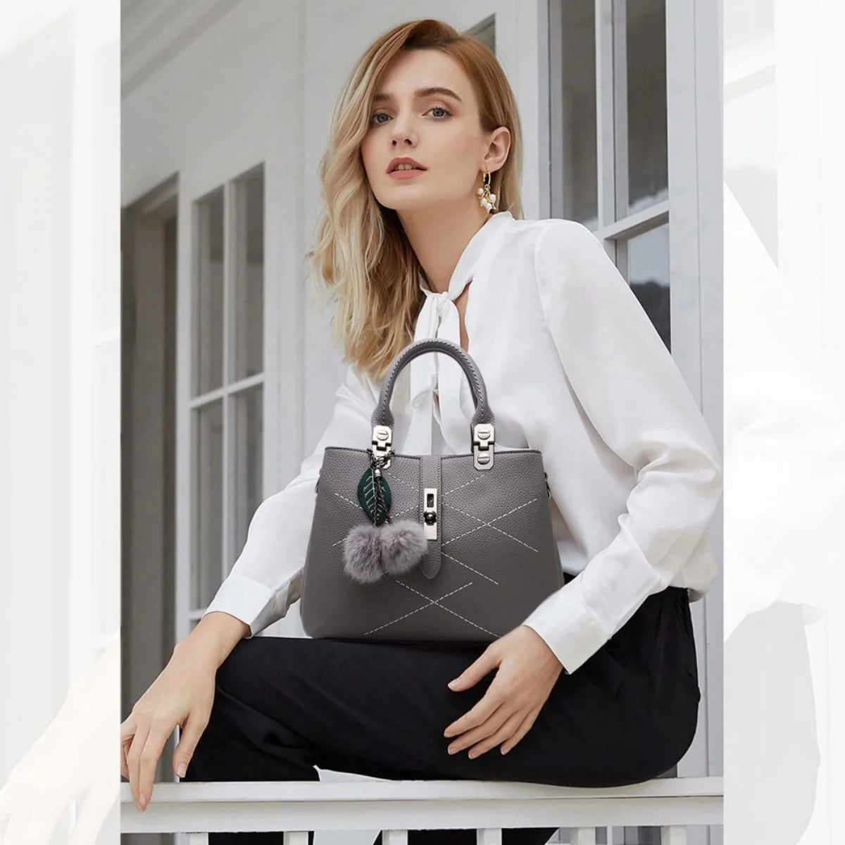 Women's Fashion Handbag with Pompom, Stylish Top Handle & Shoulder Bag for Work, Shopping, Travel, Casual Purse for Women, Versa