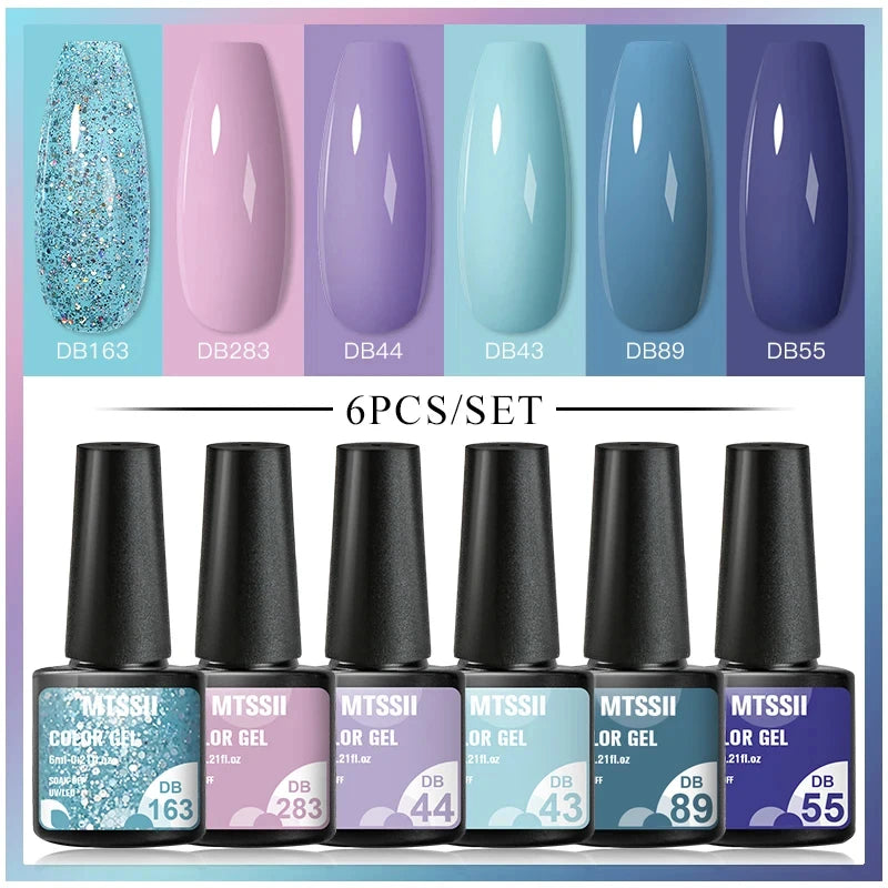 6Pcs/Set Blue Glitter Bright Gel Nail Polish Set Semi Permanent Spring Summer Colors Series Soak Off UV Nail Art Gel Varnish