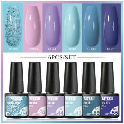 6Pcs/Set Blue Glitter Bright Gel Nail Polish Set Semi Permanent Spring Summer Colors Series Soak Off UV Nail Art Gel Varnish