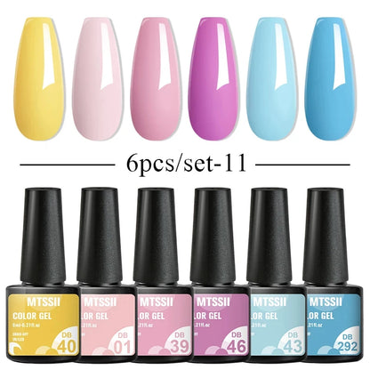 6Pcs/Set Blue Glitter Bright Gel Nail Polish Set Semi Permanent Spring Summer Colors Series Soak Off UV Nail Art Gel Varnish