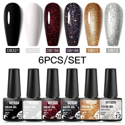 6Pcs/Set Blue Glitter Bright Gel Nail Polish Set Semi Permanent Spring Summer Colors Series Soak Off UV Nail Art Gel Varnish