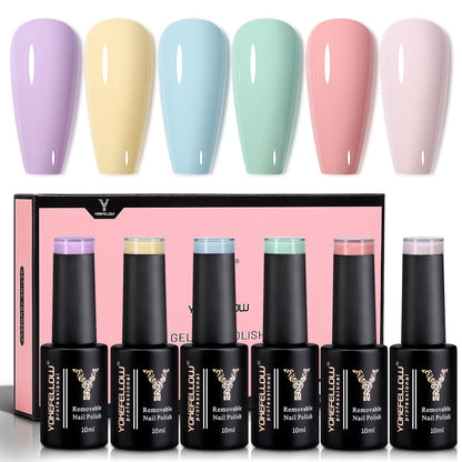 YOKEFELLOW 6Pcs Gel Nail Polish Set 10ML Summer Glitter Gel Polish Macaron Rainbow Colors 2024 Gel Polish Kit Trendy Nail Art