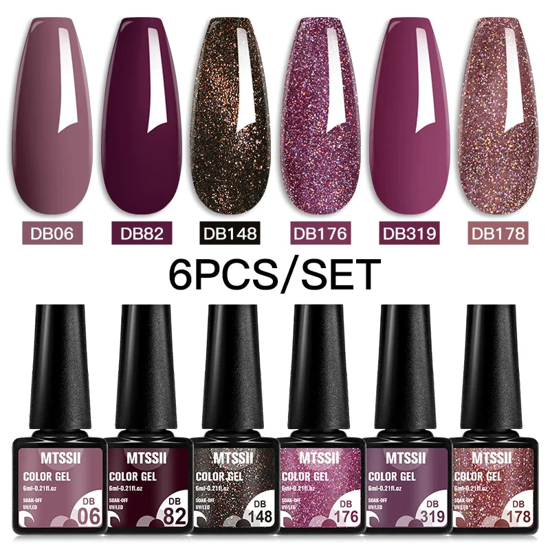 6Pcs/Set Blue Glitter Bright Gel Nail Polish Set Semi Permanent Spring Summer Colors Series Soak Off UV Nail Art Gel Varnish