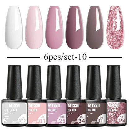 6Pcs/Set Blue Glitter Bright Gel Nail Polish Set Semi Permanent Spring Summer Colors Series Soak Off UV Nail Art Gel Varnish